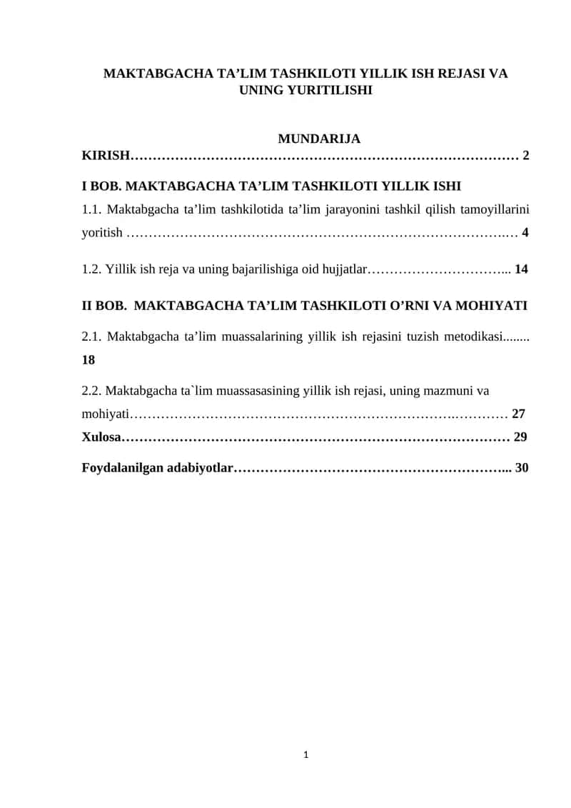 MAKTABGACHA TA'LIM TASHKILOTI YILLIK ISH REJASI VA UNING YURITILISHI 1