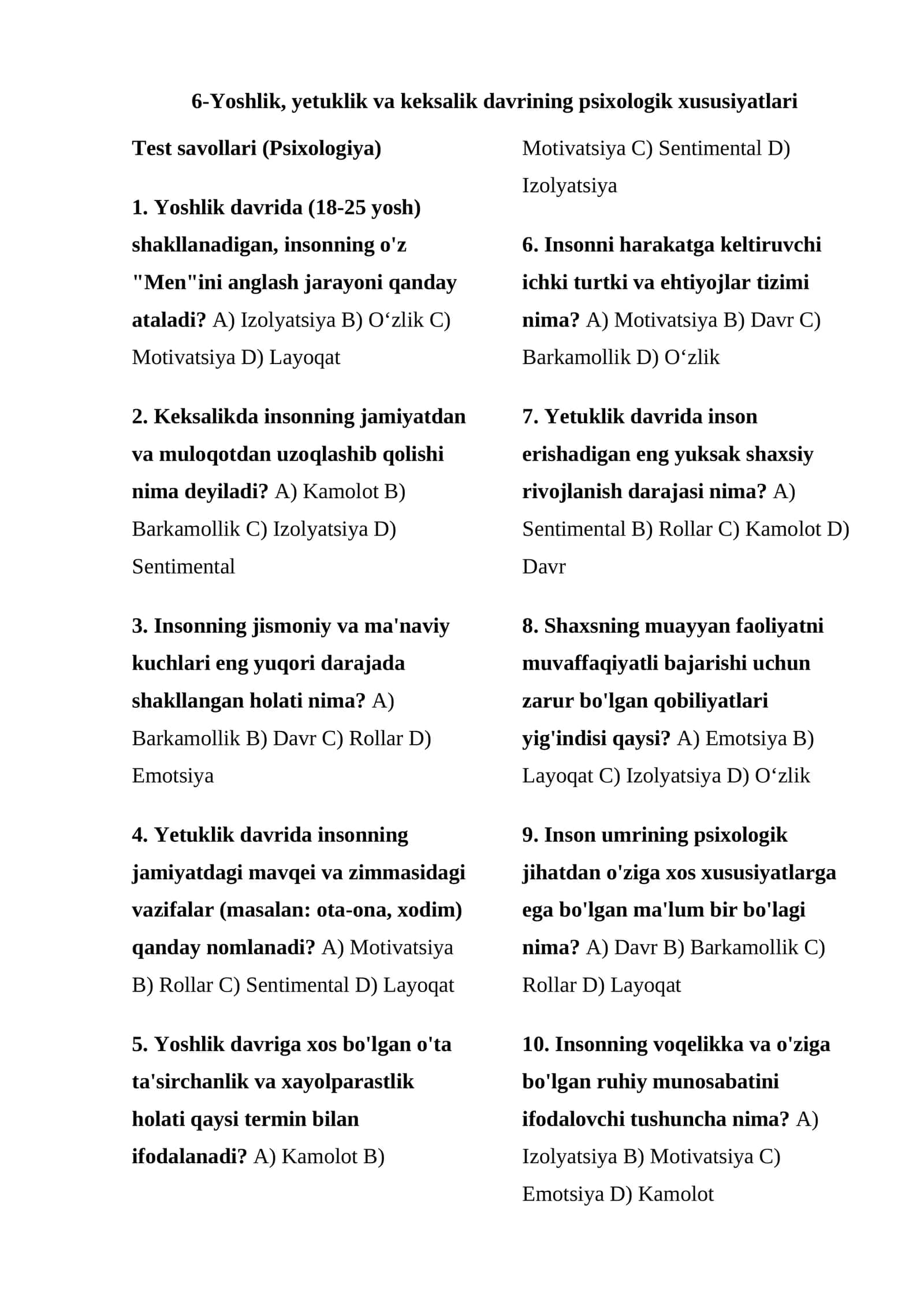 Yoshlik, yetuklik va keksalik davrining psixologik xususiyatlari 1
