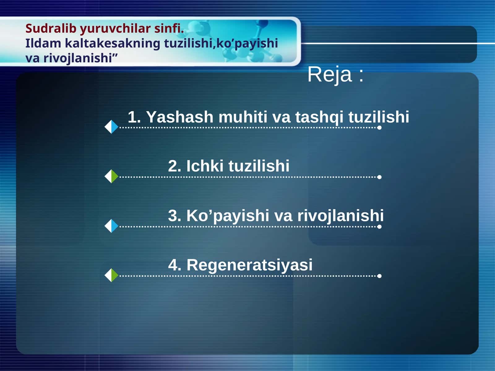 Sudralib yuruvchilar sinfi.Ildam kaltakesakning tuzilishi,ko’payishi va rivojlanishi 1