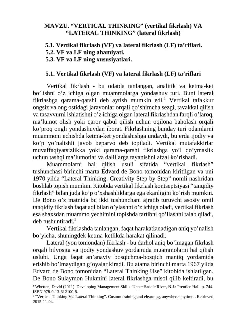"VERTICAL THINKING" (vertikal fikrlash) VA "LATERAL THINKING" (lateral fikrlash) 1