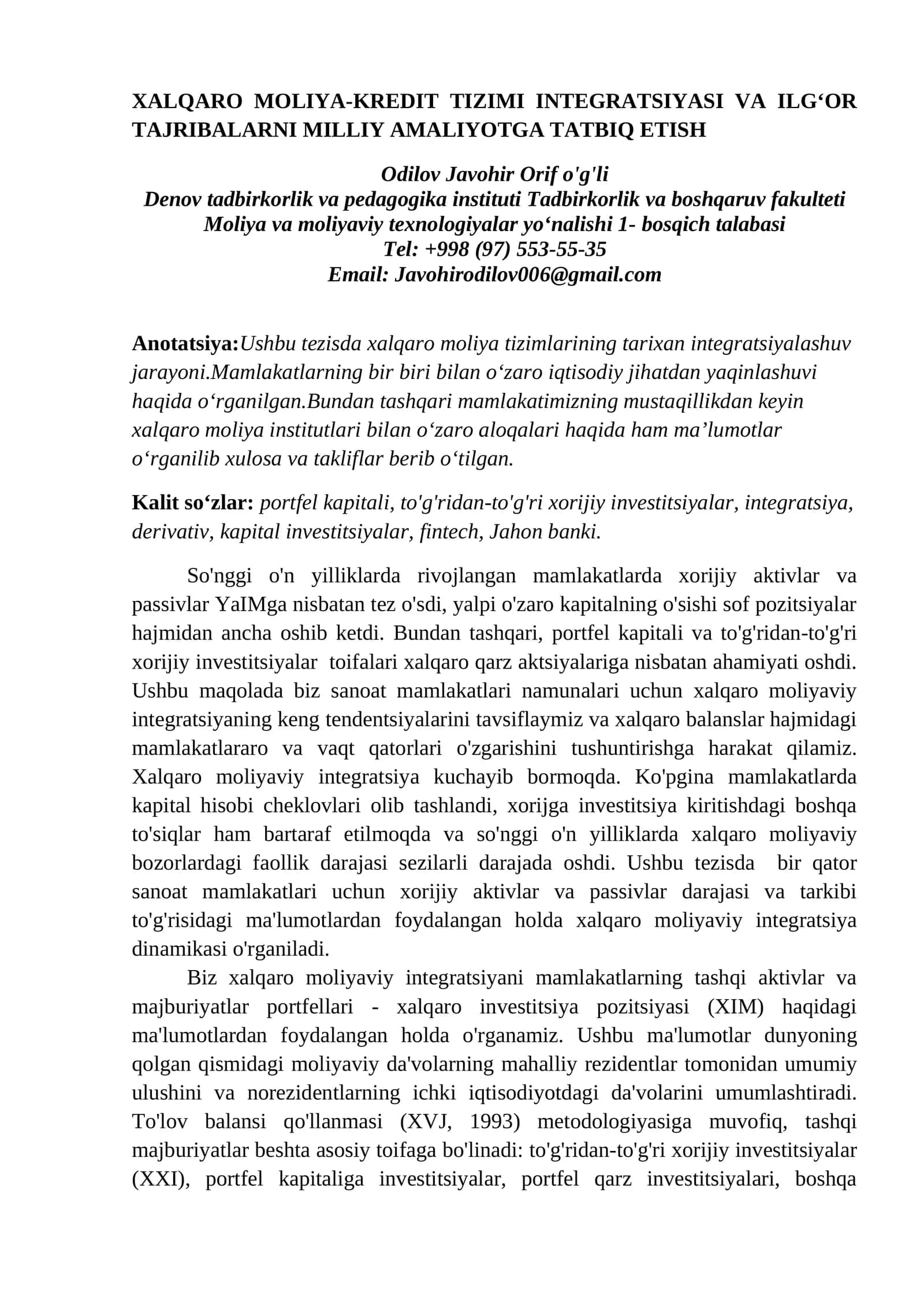 XALQARO MOLIYA-KREDIT TIZIMI INTEGRATSIYASI VA ILG‘OR TAJRIBALARNI MILLIY AMALIYOTGA TATBIQ ETISH 1