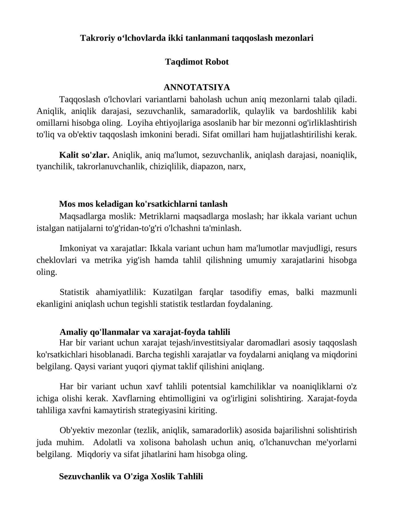 Takroriy oʻlchovlarda ikki tanlanmani taqqoslash mezonlari 1