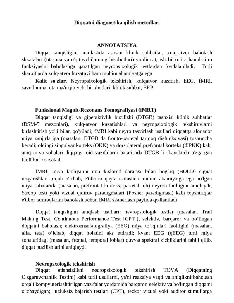 Diqqatni diagnostika qilish metodlari 1
