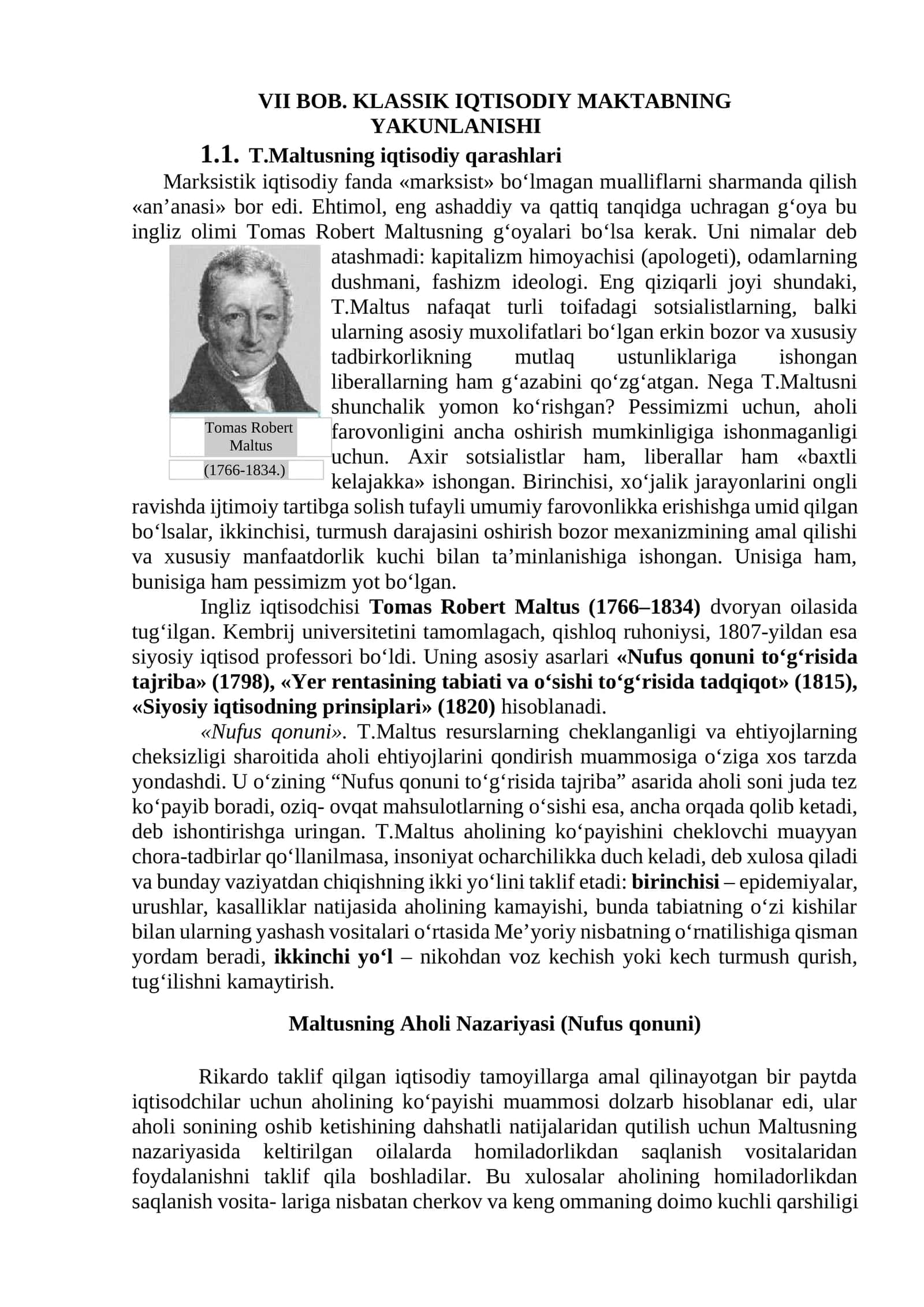 T.Maltusning iqtisodiy qarashlari (1766-1834) 1