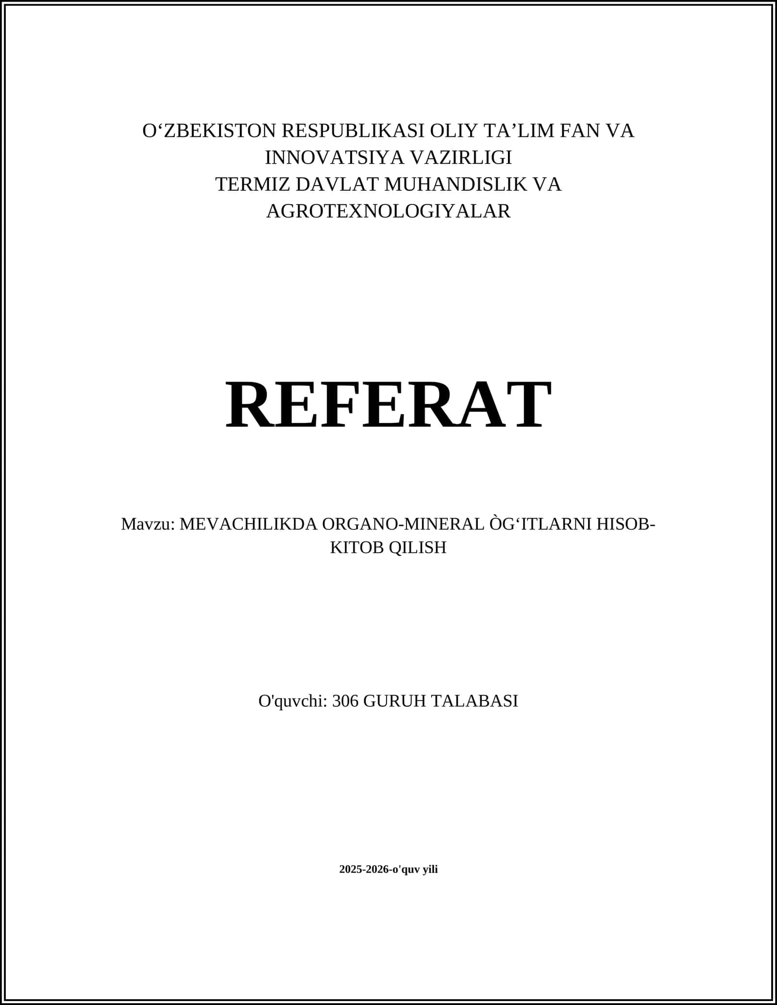 MEVACHILIKDA ORGANO-MINERAL ÒGʻITLARNI HISOB-KITOB QILISH 1