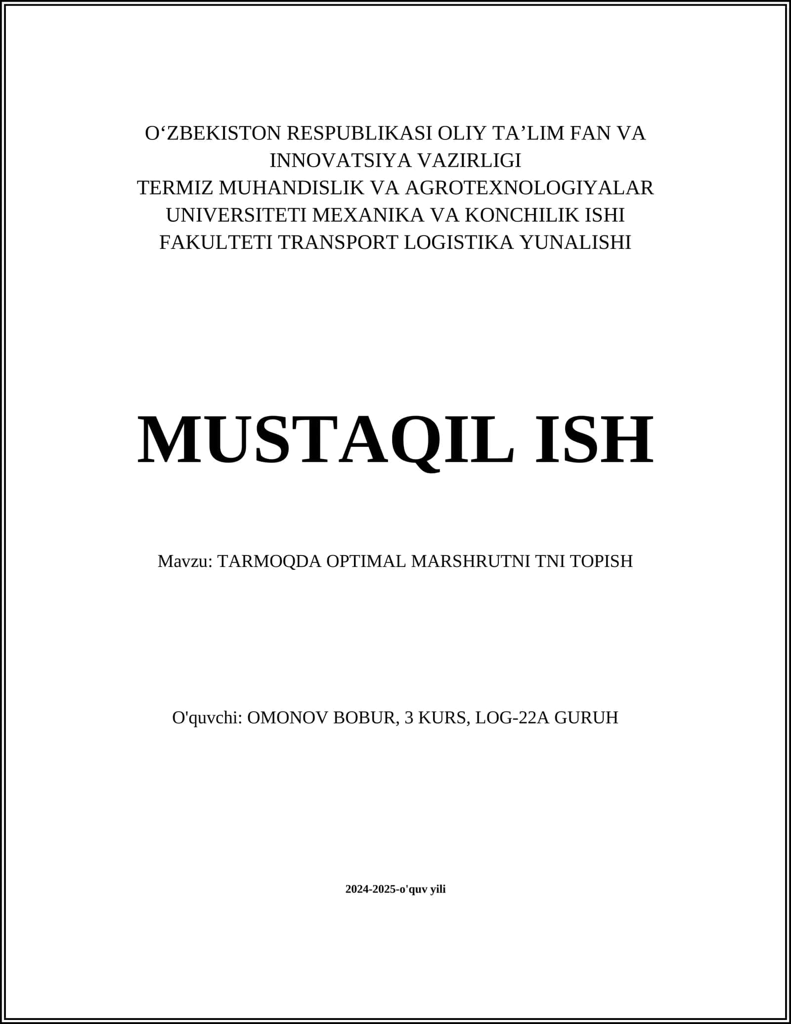 TARMOQDA OPTIMAL MARSHRUTNI TNI TOPISH 1