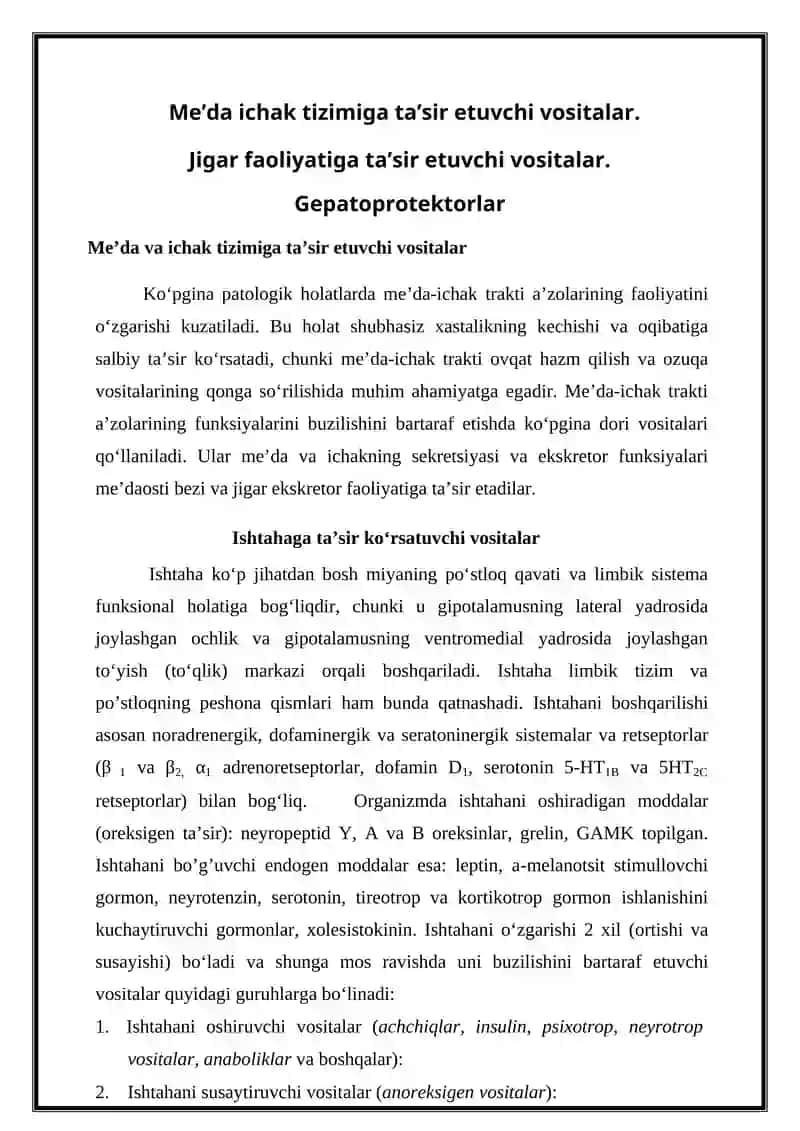 Me’da va ichak tizimiga ta’sir etuvchi vositalar