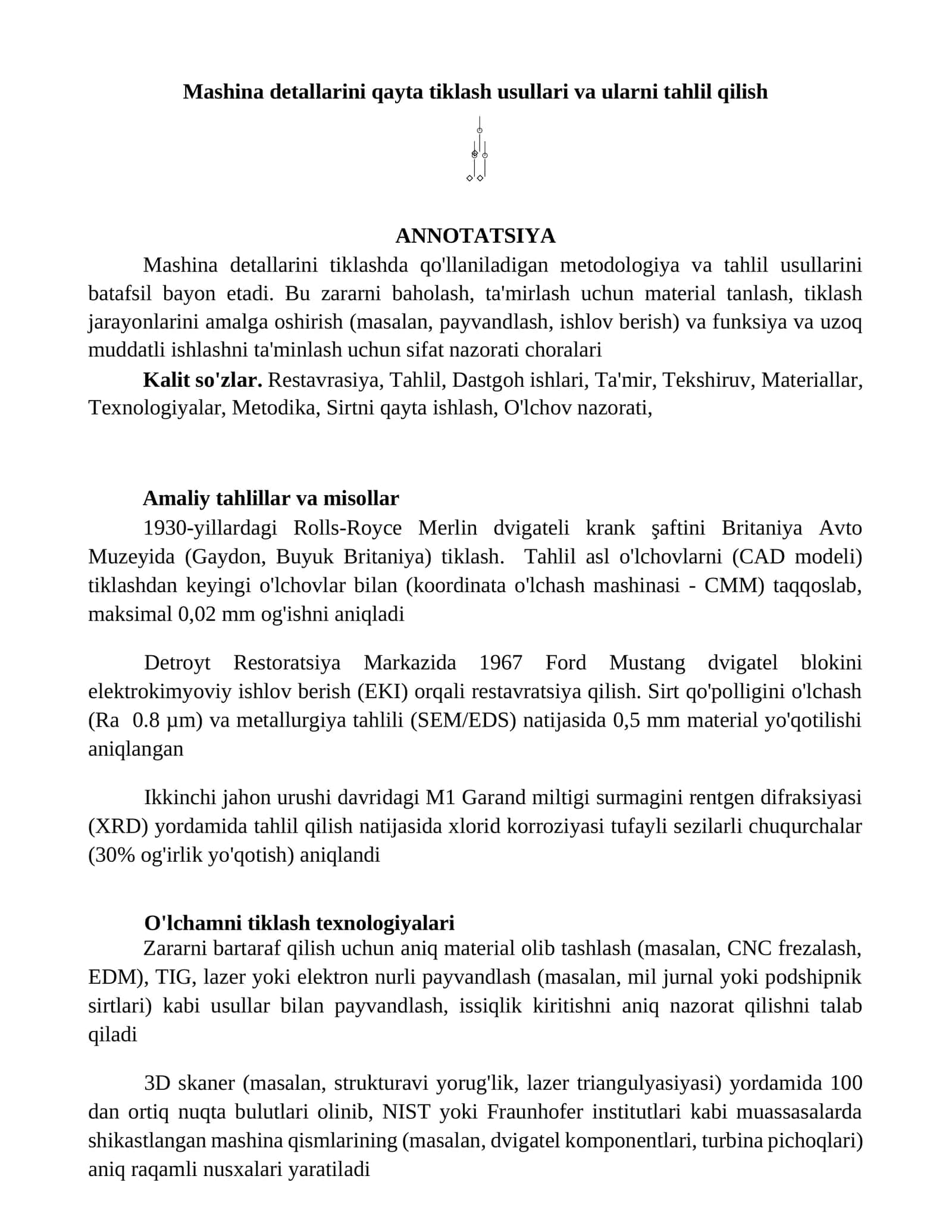 Mashina detallarini qayta tiklash usullari va ularni tahlil qilish 1
