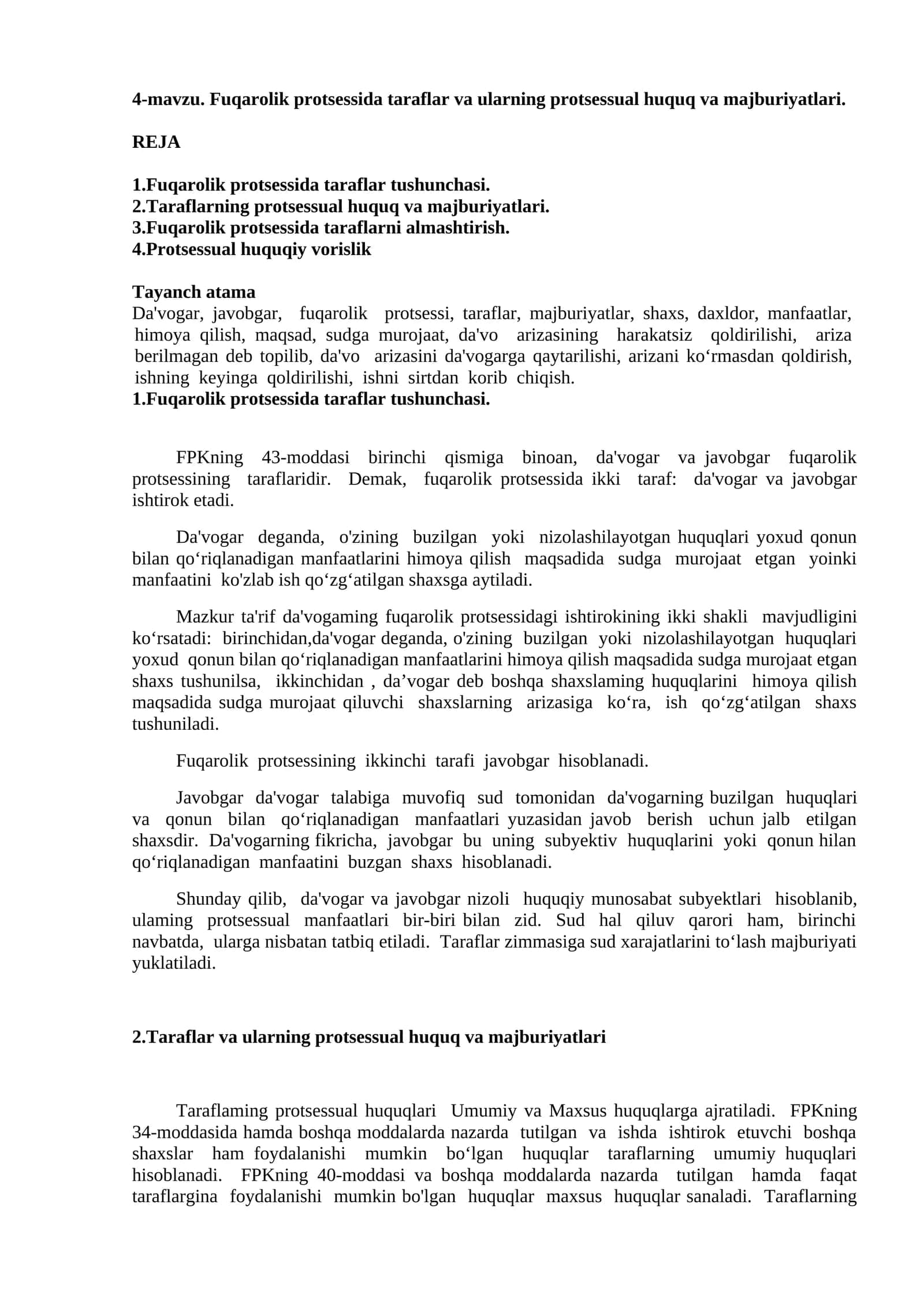 Fuqarolik protsessida taraflar va ularning protsessual huquq va majburiyatlari 1