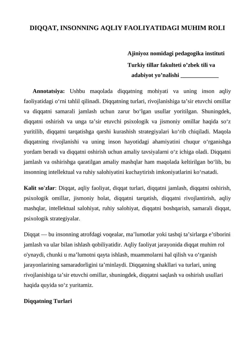 Diqqatning Aqliy Faoliyatidagi Muhim Roli 1