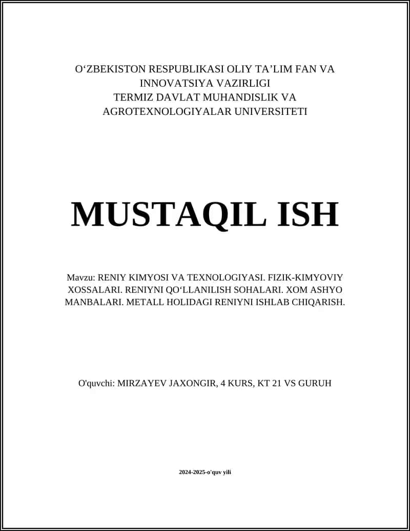 Reniy kimyosi va texnologiyasi 1
