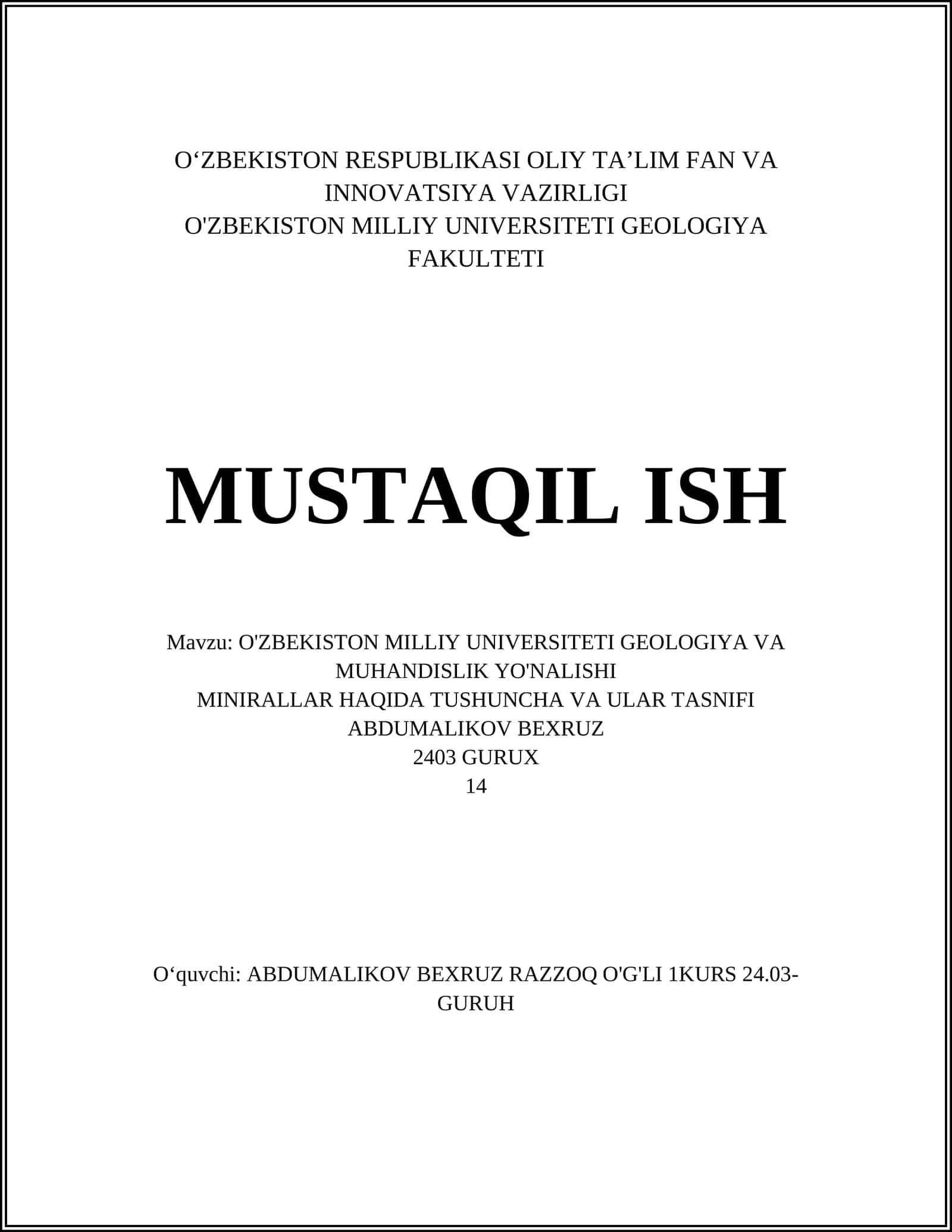 O'ZBEKISTON MILLIY UNIVERSITETI GEOLOGIYA VA MUHANDISLIK YO'NALISHI 1
