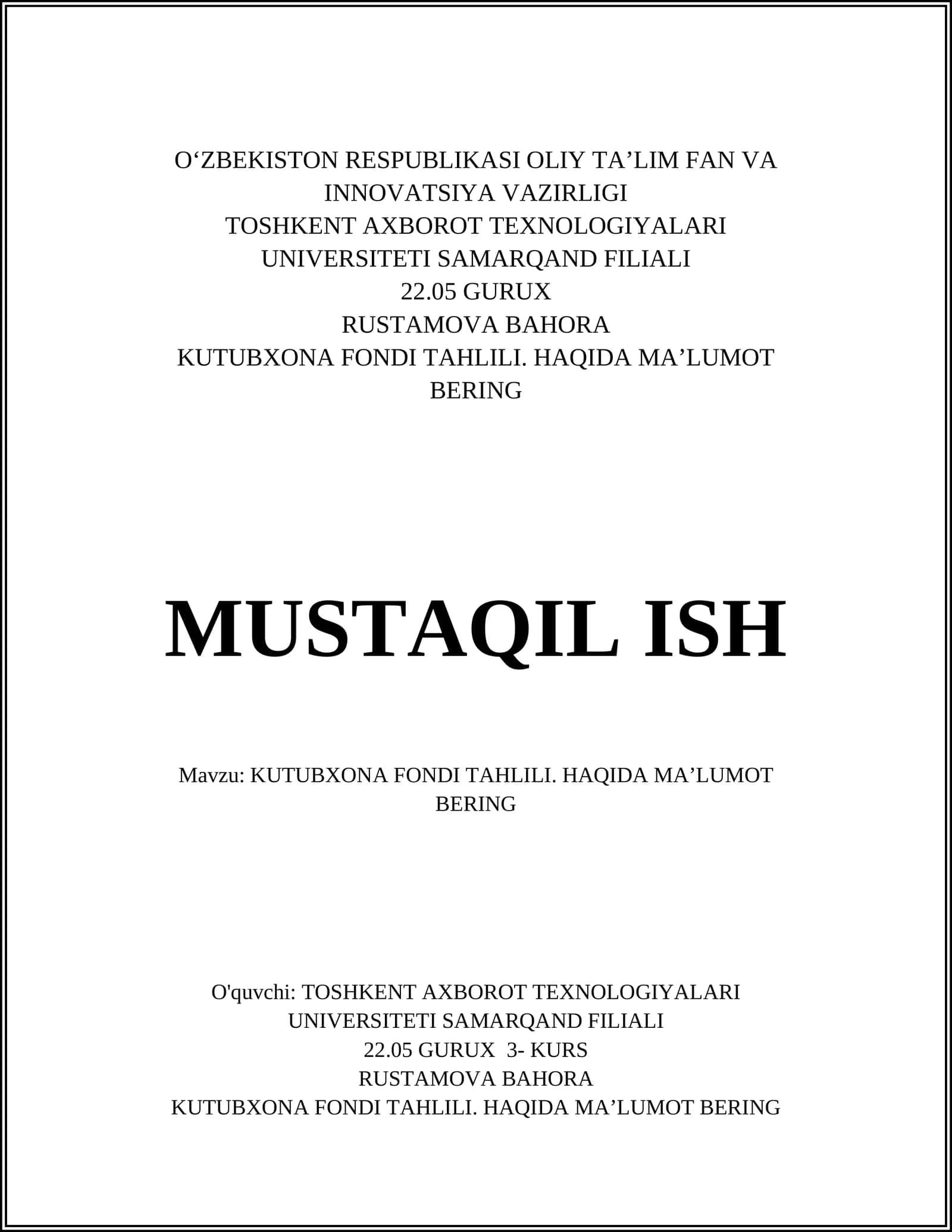 KUTUBXONA FONDI TAHLILI. HAQIDA MAʼLUMOT BERING 1
