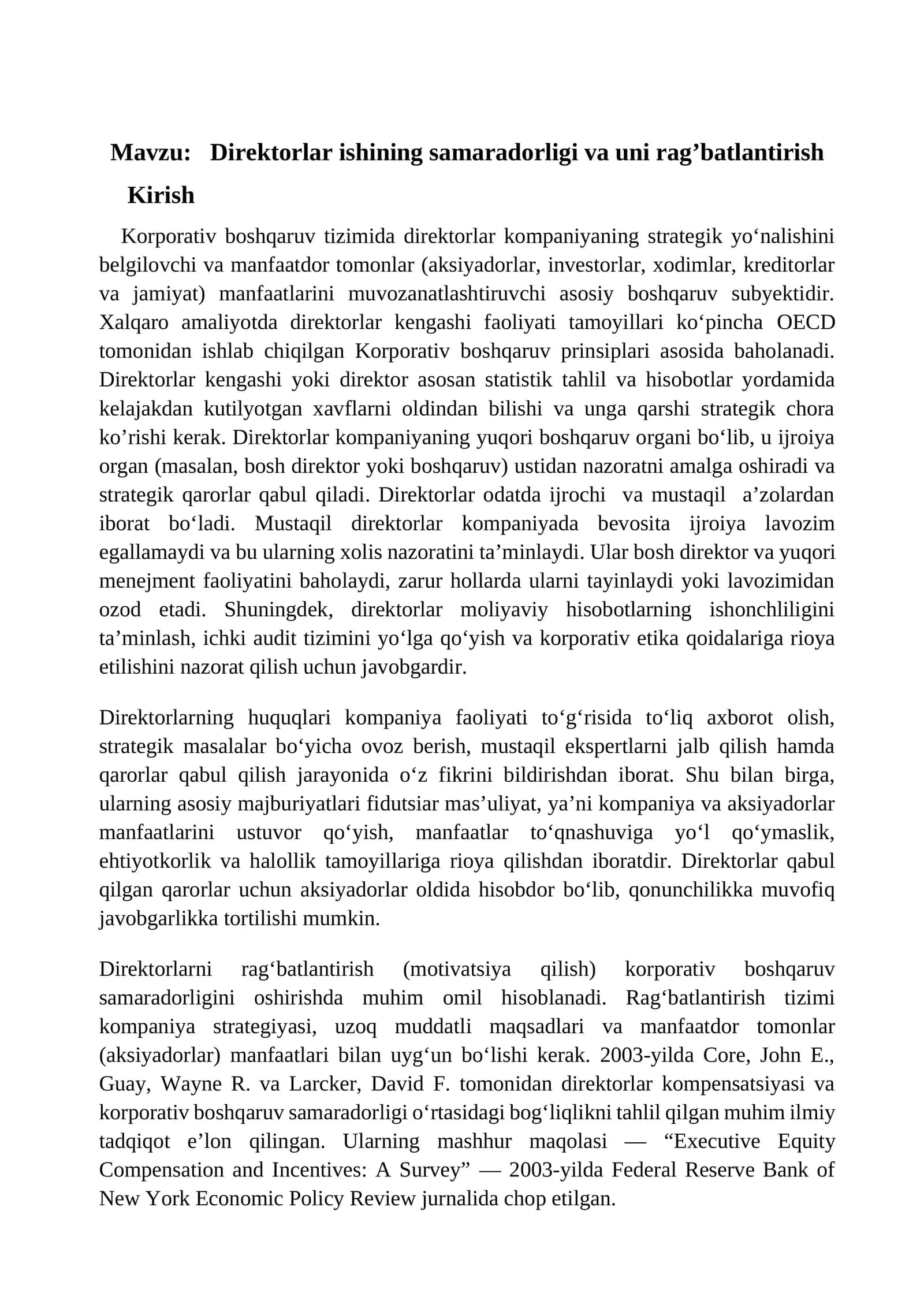 Direktorlar ishining samaradorligi va uni rag’batlantirish 1