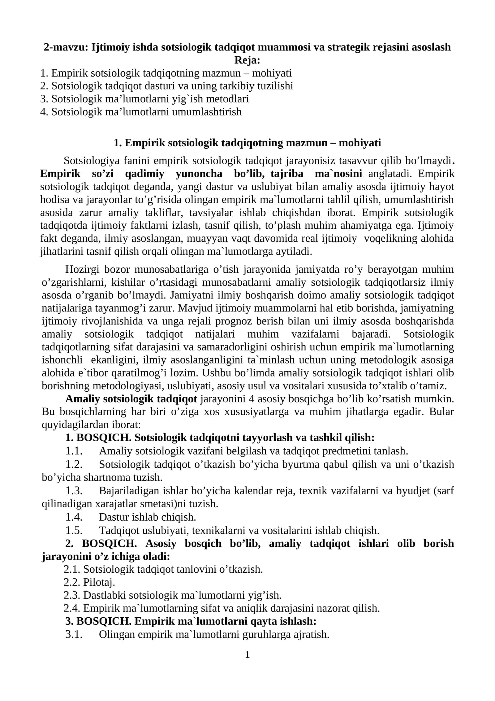 2-mavzu: Ijtimoiy ishda sotsiologik tadqiqot muammosi va strategik rejasini asoslash 1