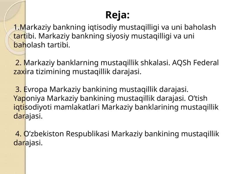 Markaziy bankning iqtisodiy mustaqilligi va uni baholash tartibi 1