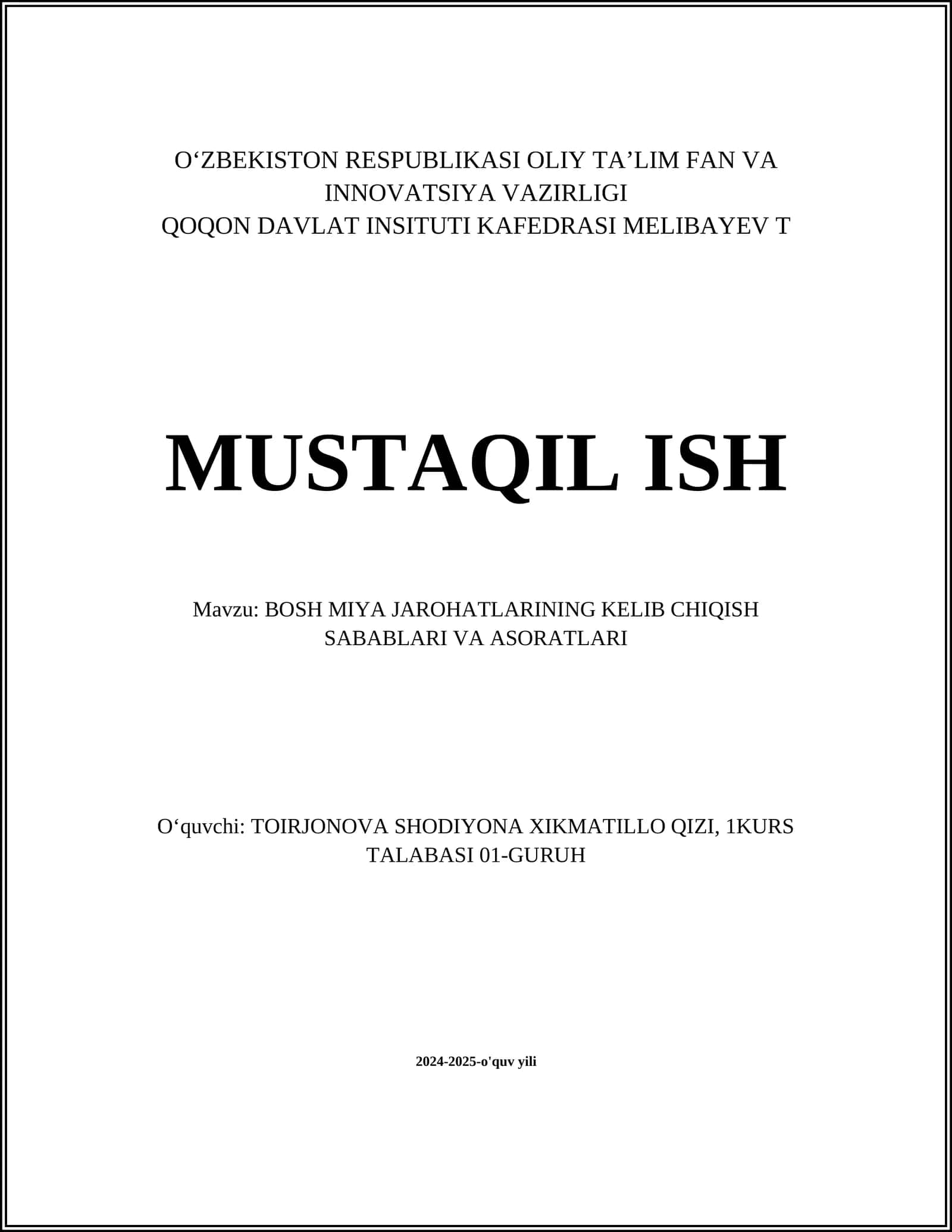 BOSH MIYA JAROHATLARINING KELIB CHIQISH SABABLARI VA ASORATLARI 1