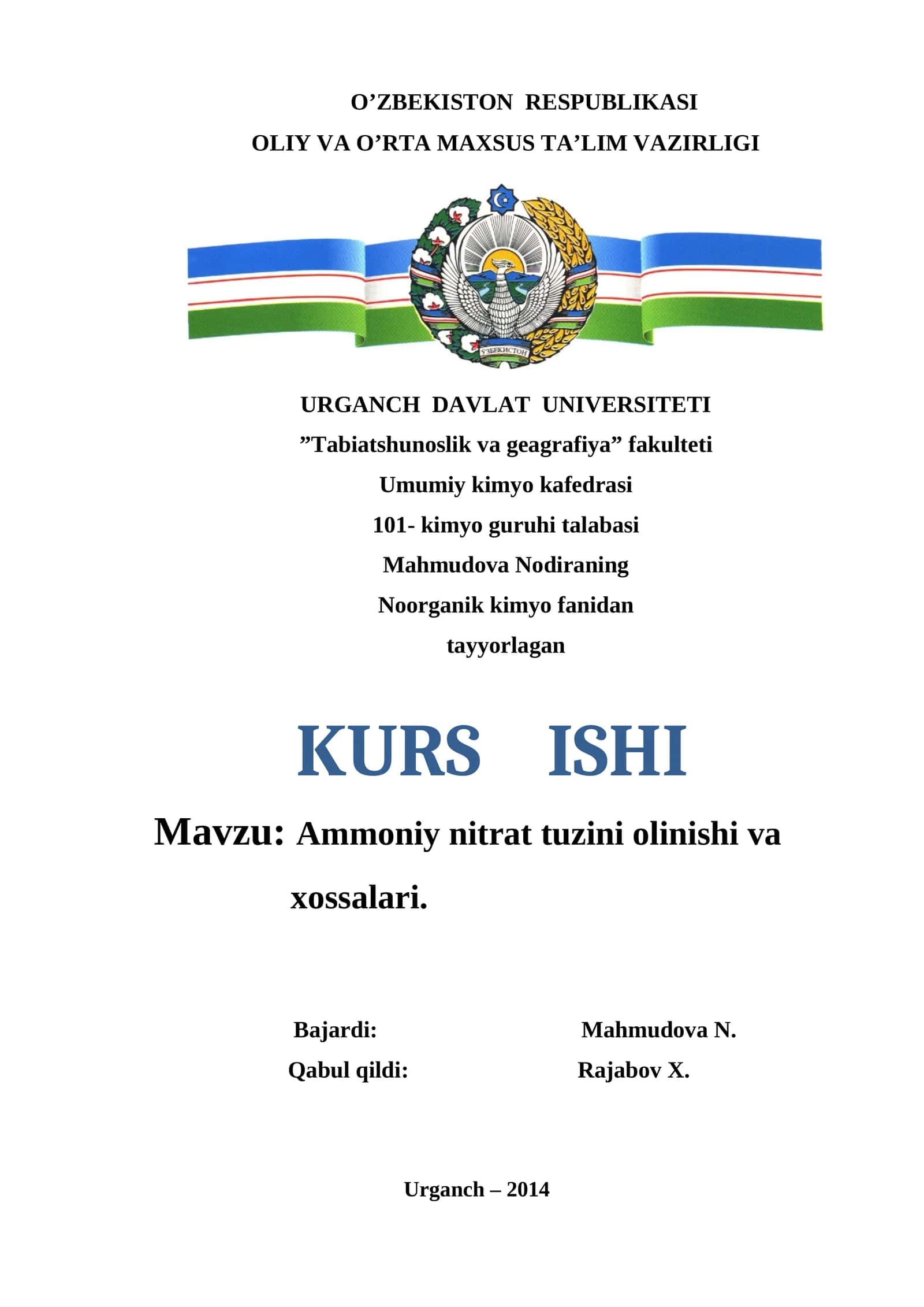 Ammoniy nitrat tuzini olinishi va xossalari 1