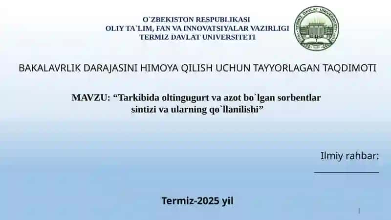 Tarkibida oltingugurt va azot bo`lgan sorbentlar  sintizi va ularning qo`llanilishi