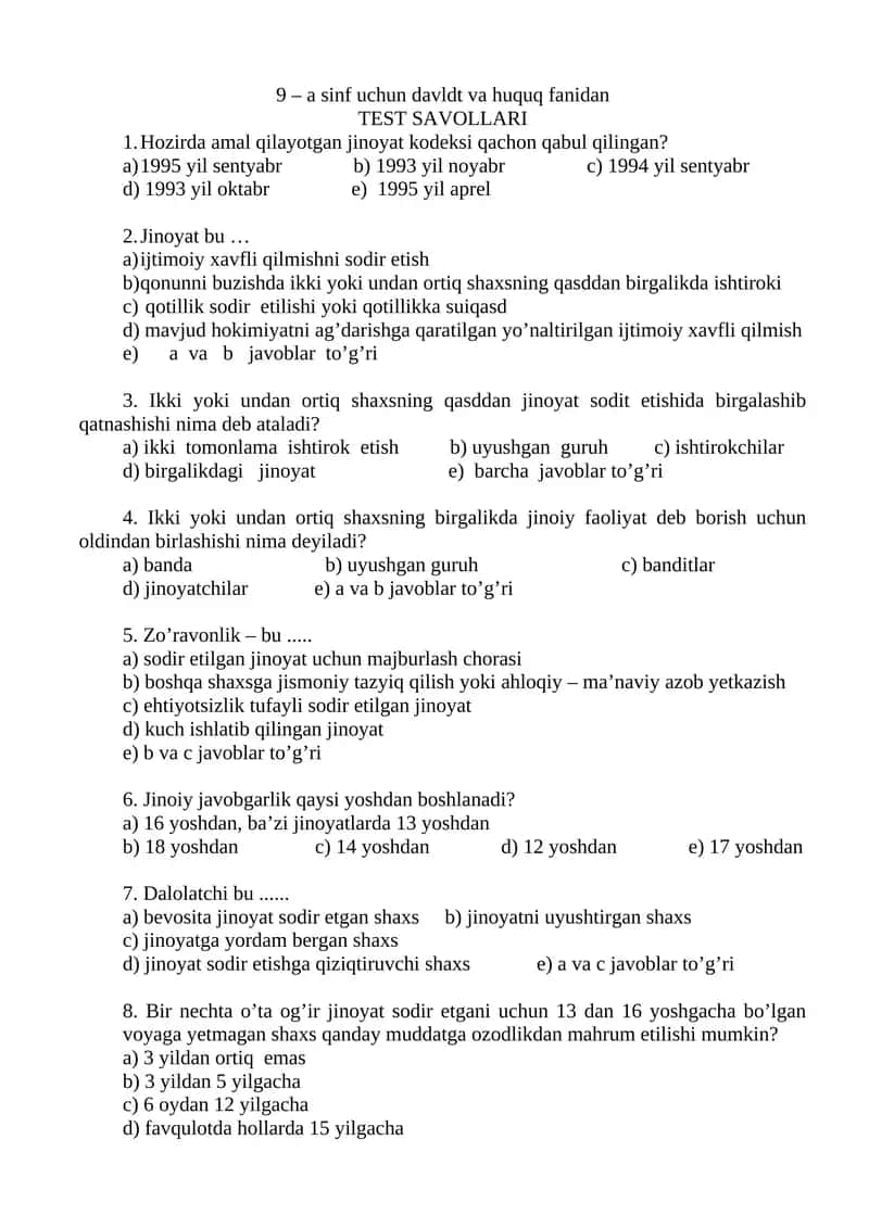 9 – a sinf uchun davldt va huquq fanidan 1