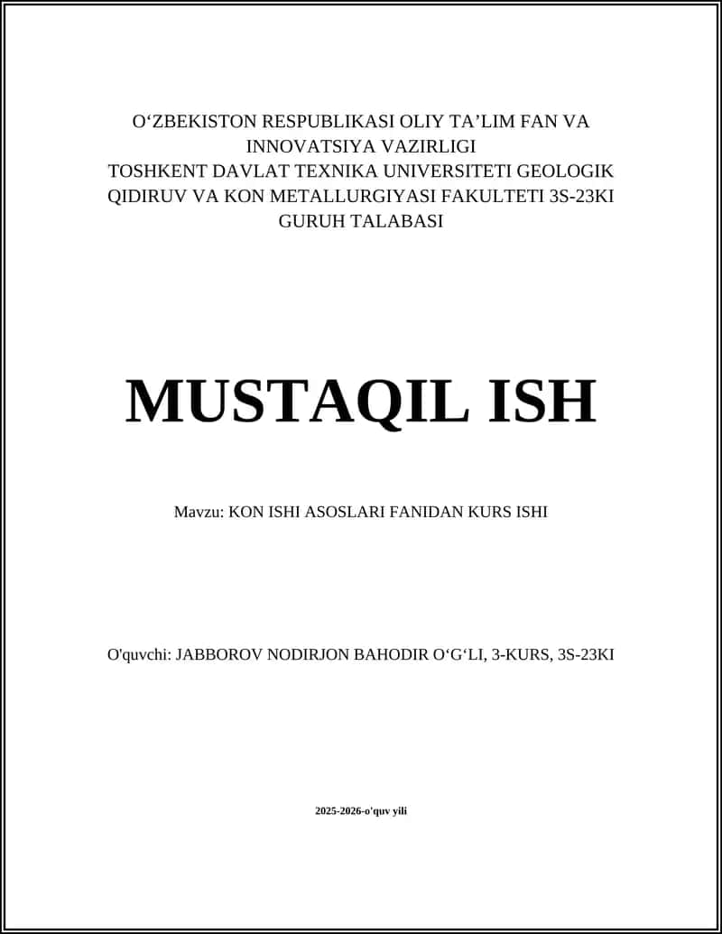 Konlarni loyihalash va ochiq kon qazib olish texnologiyasi (kurs ishi) 1