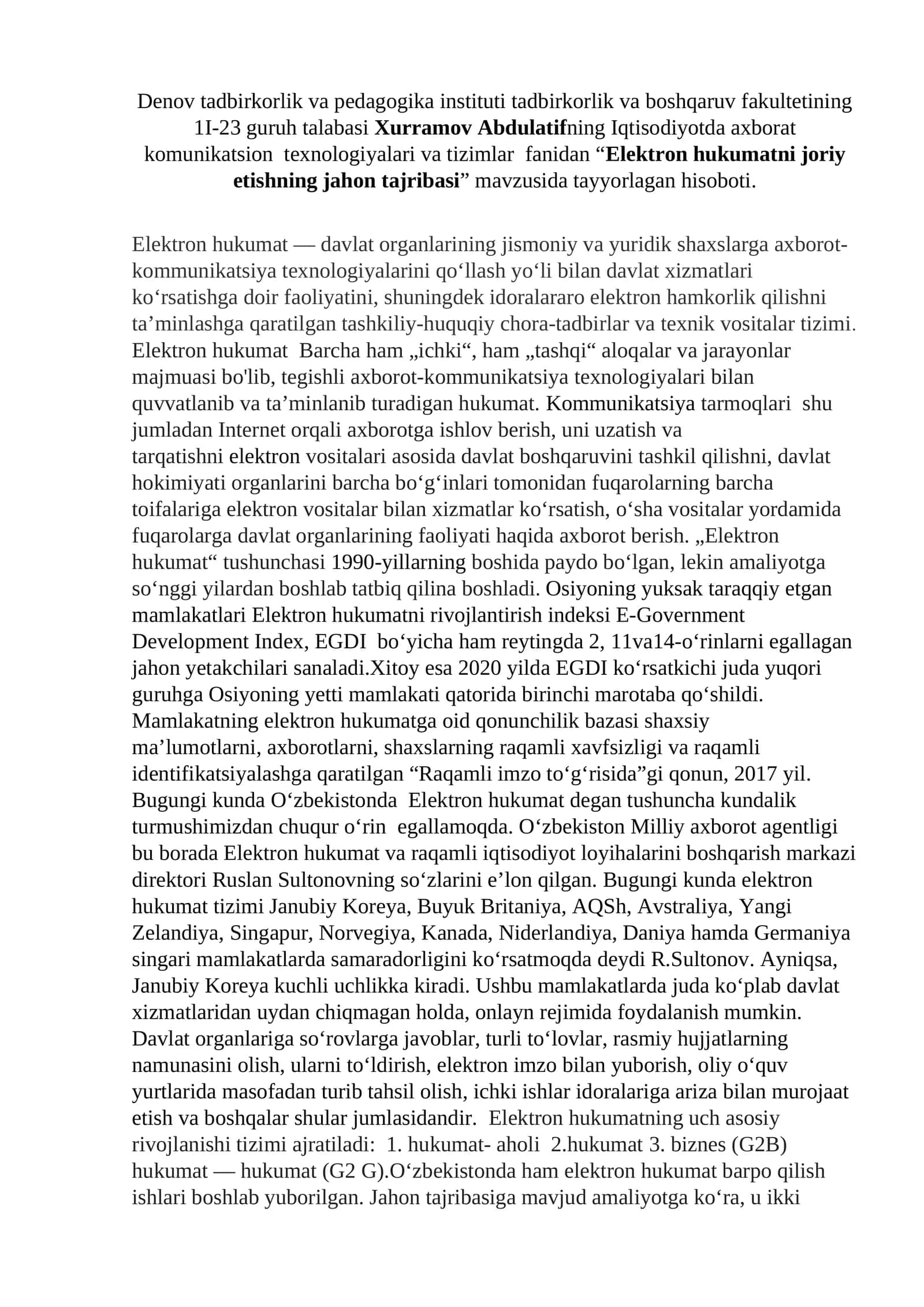 Elektron hukumatni joriy etishning jahon tajribasi 1