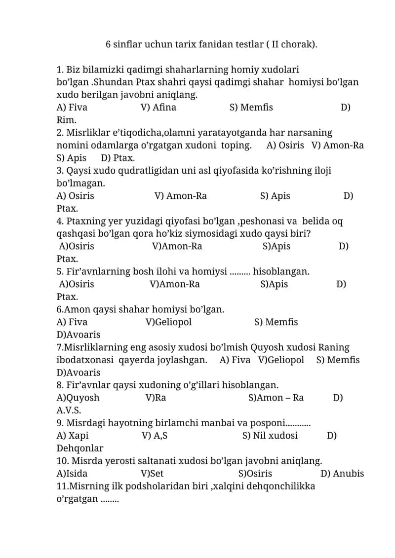 6 sinflar uchun tarix fanidan testlar ( II chorak) 1