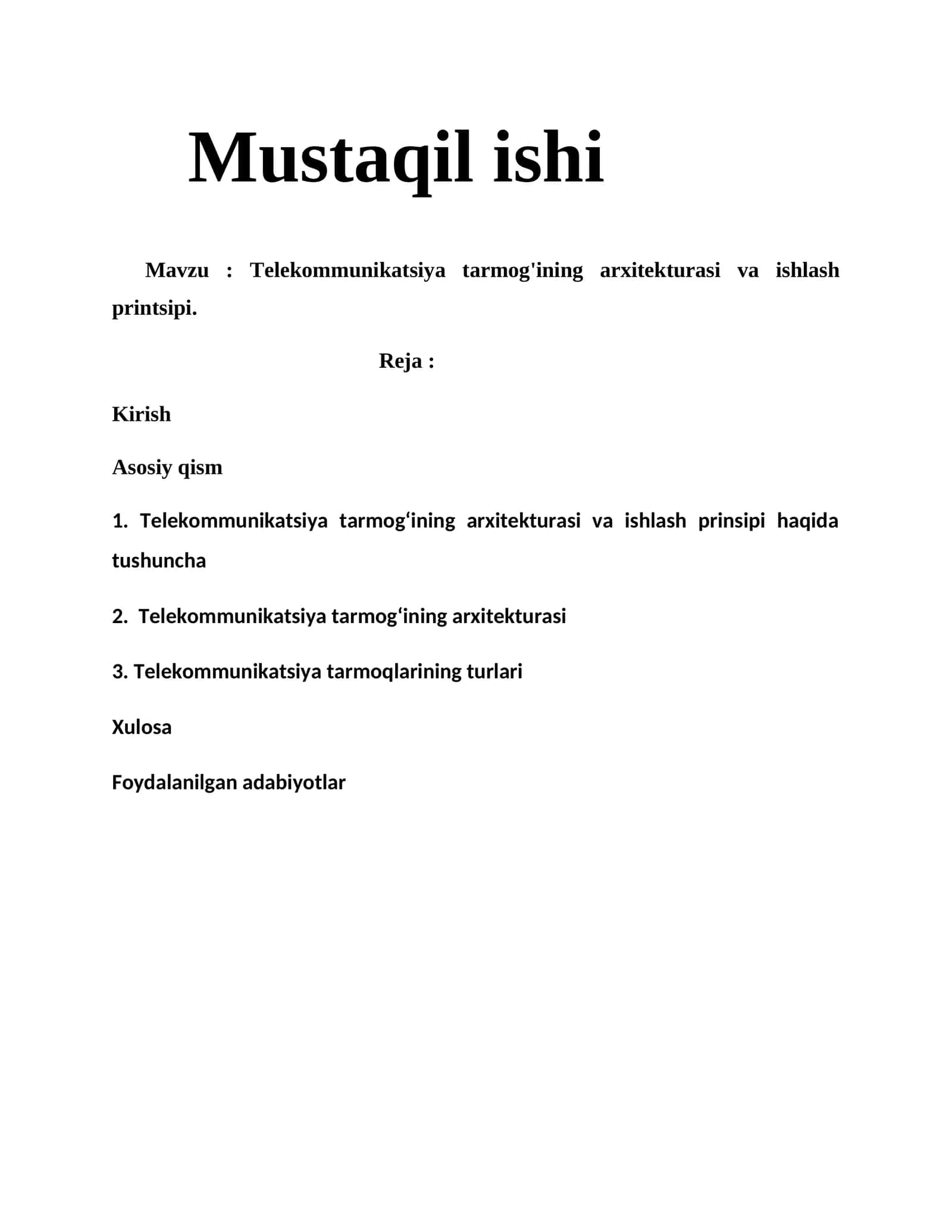 Telekommunikatsiya tarmog'ining arxitekturasi va ishlash printsipi 1