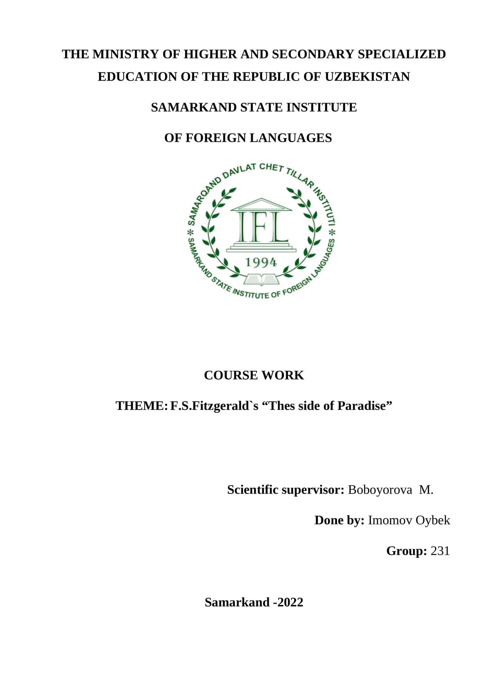 F.S.Fitzgerald`s “Thes side of Paradise” 1