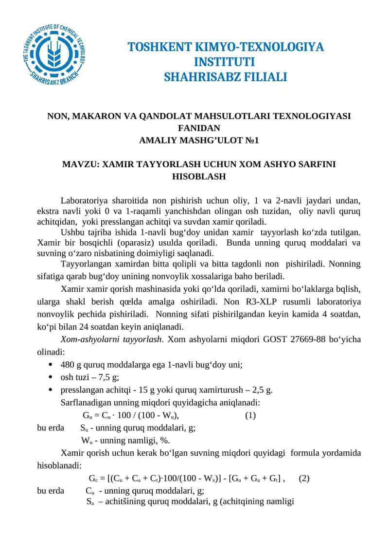 XAMIR TAYYORLASH UCHUN XOM ASHYO SARFINI HISOBLASH 1