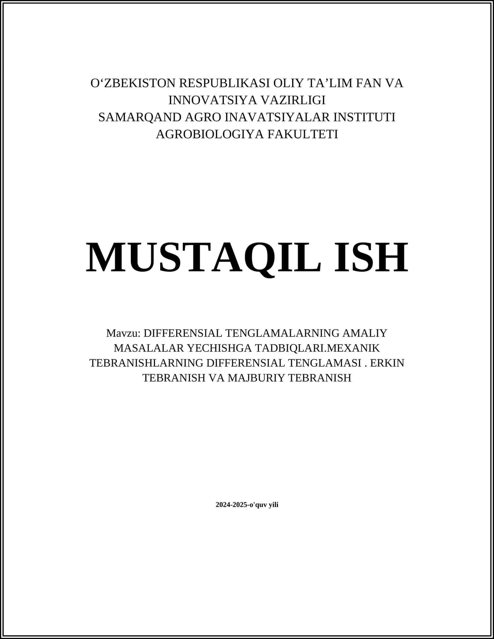 DIFFERENSIAL TENGLAMALARNING AMALIY MASALALAR YECHISHGA TADBIQLARI 1