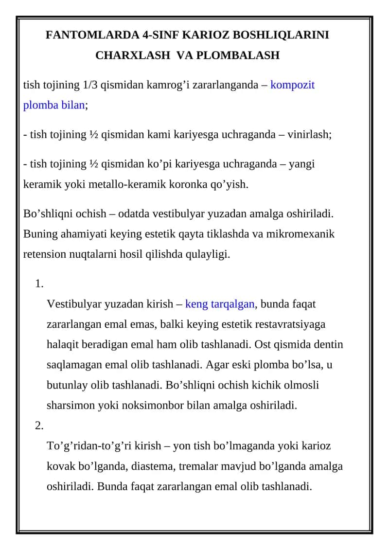 FANTOMLARDA 4-SINF KARIOZ BOSHLIQLARINI CHARXLASH VA PLOMBALASH 1