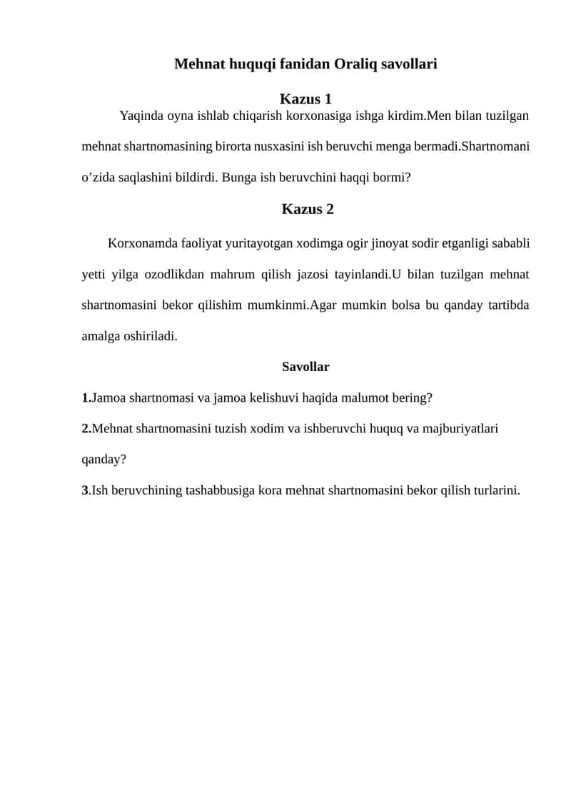 Mehnat huquqi fanidan Oraliq savollari 1