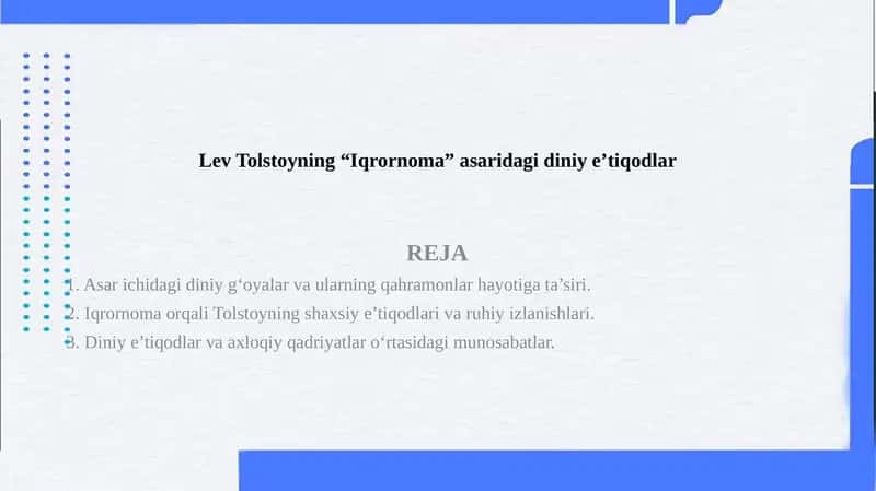 Lev Tolstoyning “Iqrornoma” asaridagi diniy e’tiqodlar 1