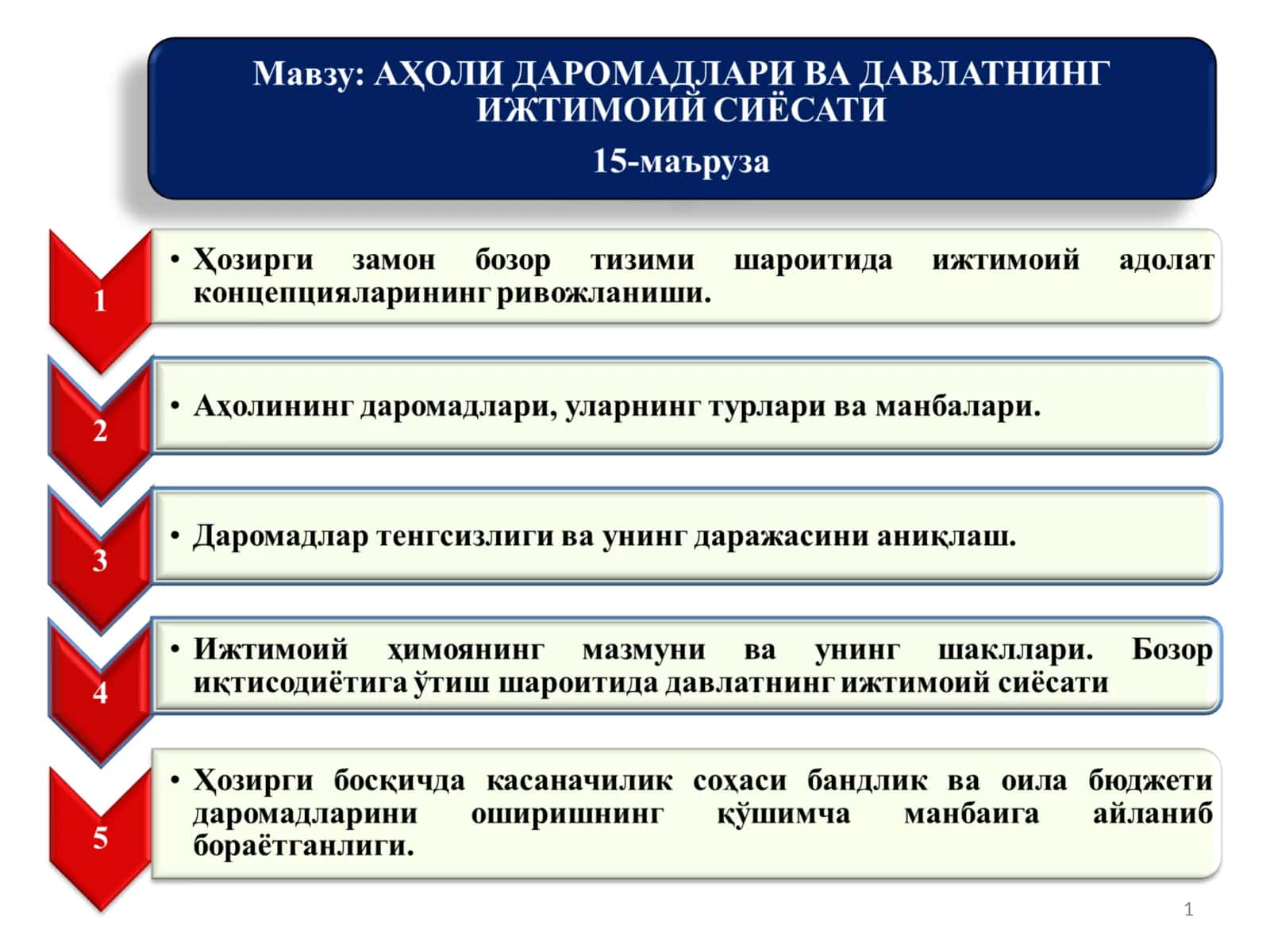 Аҳолининг даромадлари, уларнинг турлари ва манбалари 1