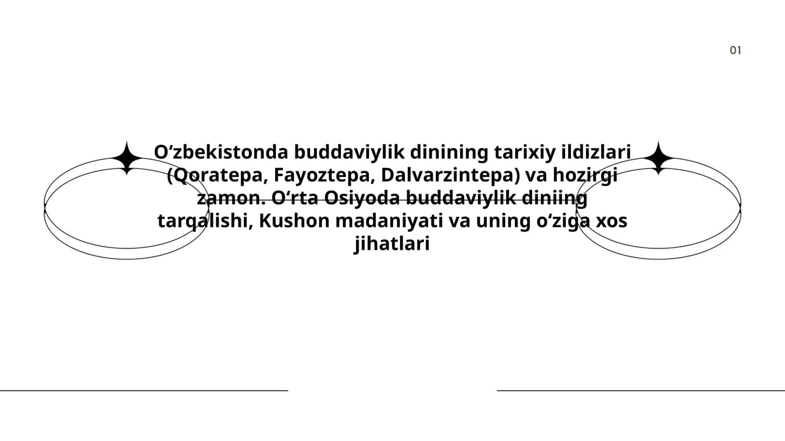 Oʻzbekistonda buddaviylik dinining tarixiy ildizlari (Qoratepa, Fayoztepa, Dalvarzintepa) va hozirgi zamon. Oʻrta Osiyoda buddaviylik diniing tarqalishi, Kushon madaniyati va uning oʻziga xos jihatlari 1