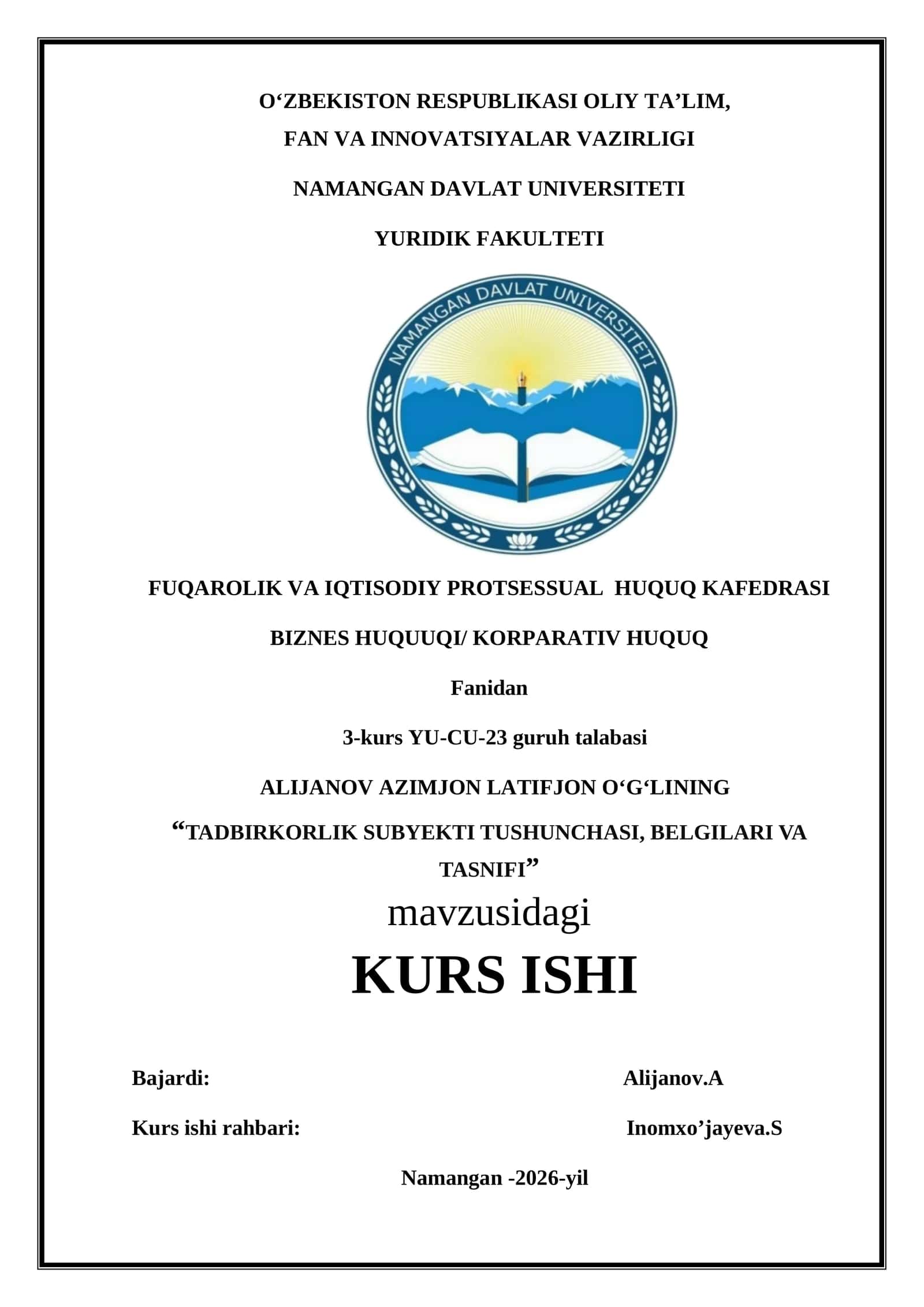 TADBIRKORLIK SUBYEKTI TUSHUNCHASI, BELGILARI VA TASNIFI 1