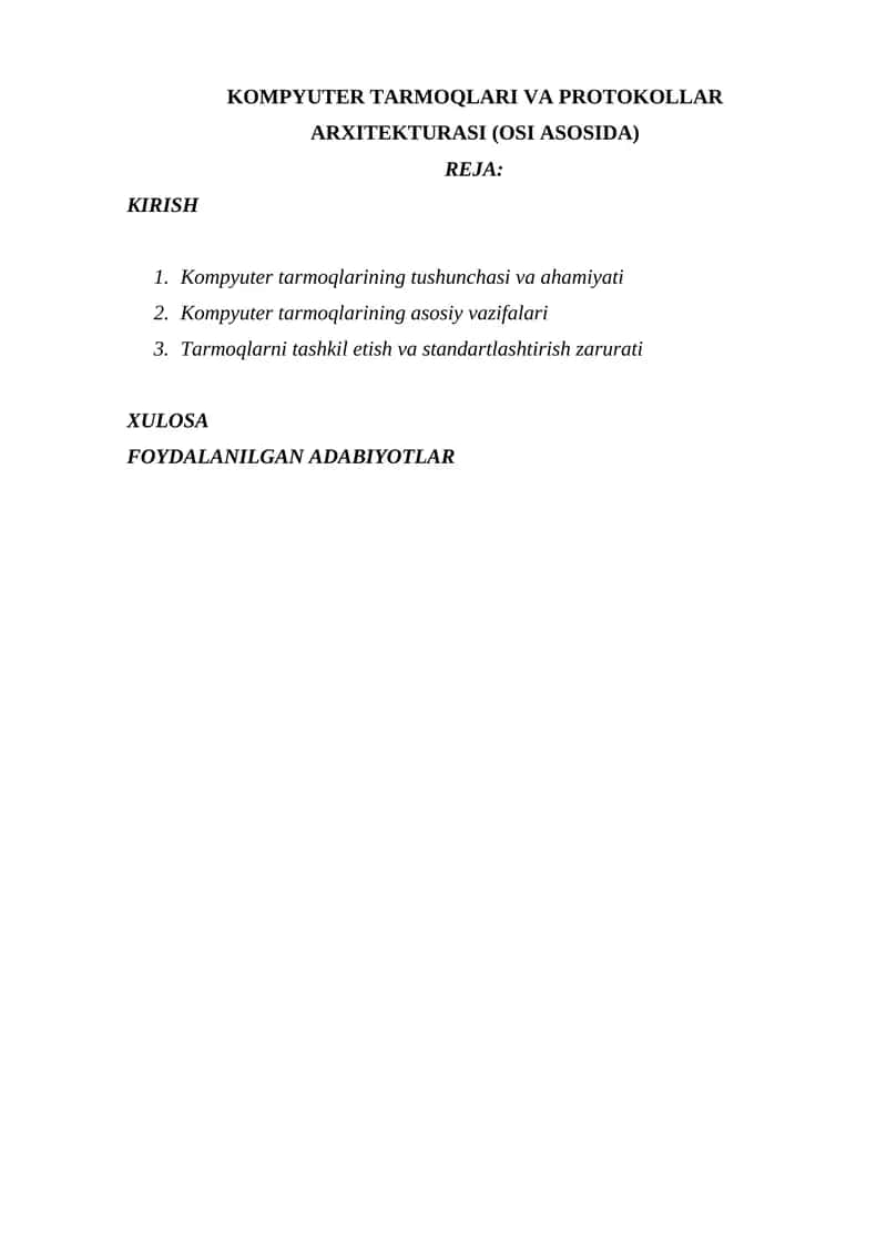 KOMPYUTER TARMOQLARI VA PROTOKOLLAR ARXITEKTURASI (OSI ASOSIDA) 1