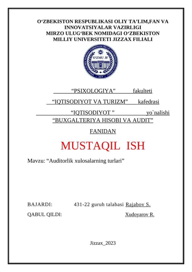 Reja: I.	Kirish II.	Asosiy qism	 2.1. Majburiy auditorlik tekshiruvi.  2.2. Tashabbus tarzidagi (ixtiyoriy) auditorlik tekshiruvi.  2.3. Nazorat qiluvchi yoki huquqni muhofaza qiluvchi organlar tashabbusiga ko‘ra audit o‘tkazish xususiyatlari.  2.4. Auditorlik tashkilotlarining professional xizmatlari  III.	Xulosa IV.	Foydalanilgan adabiyotlar 1