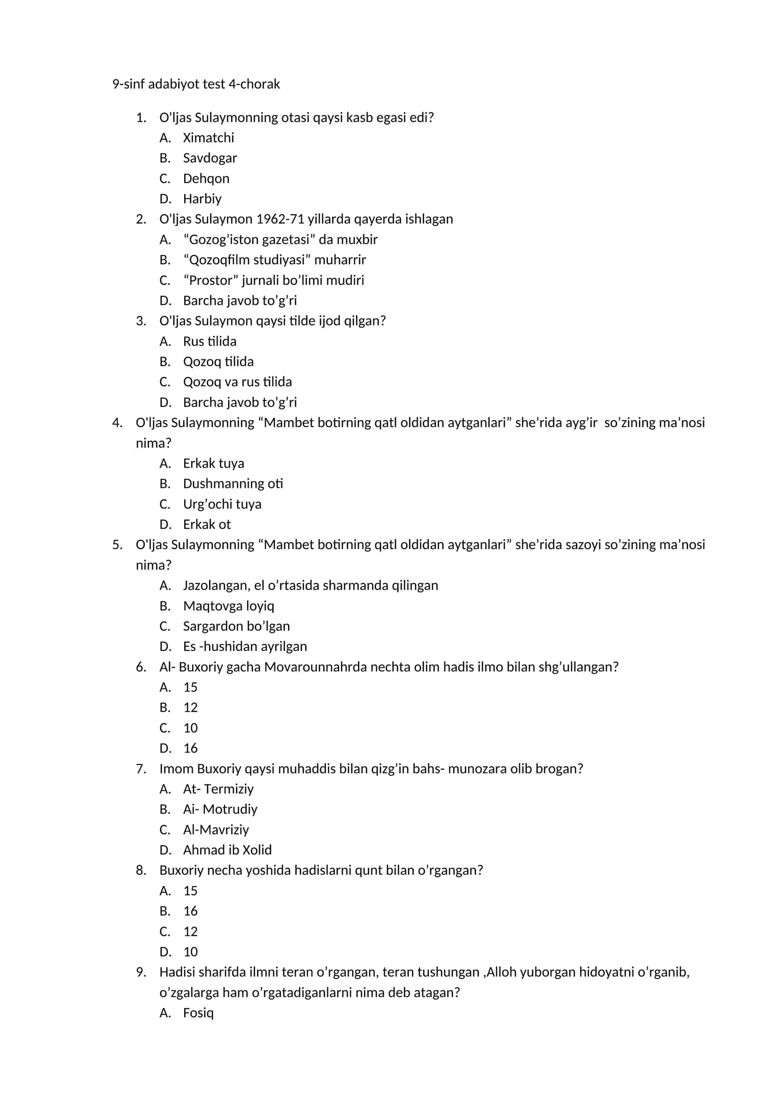 9-sinf adabiyot test 4-chorak 1