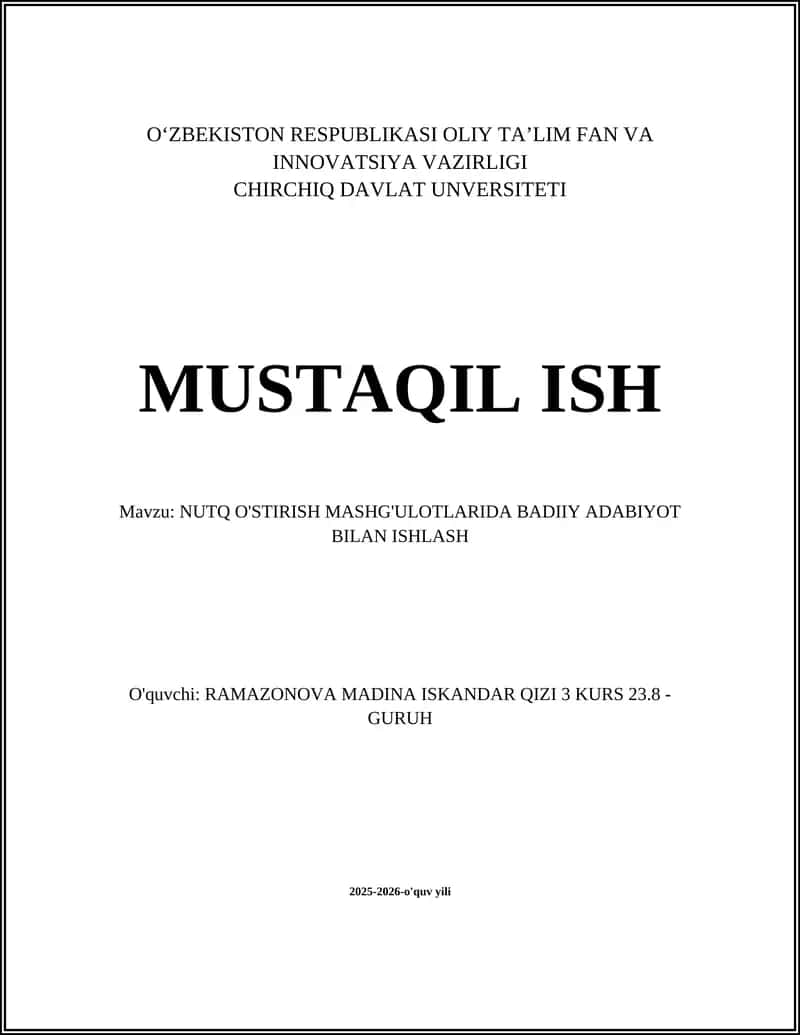 NUTQ O'STIRISH MASHG'ULOTLARIDA BADIIY ADABIYOT BILAN ISHLASH 1
