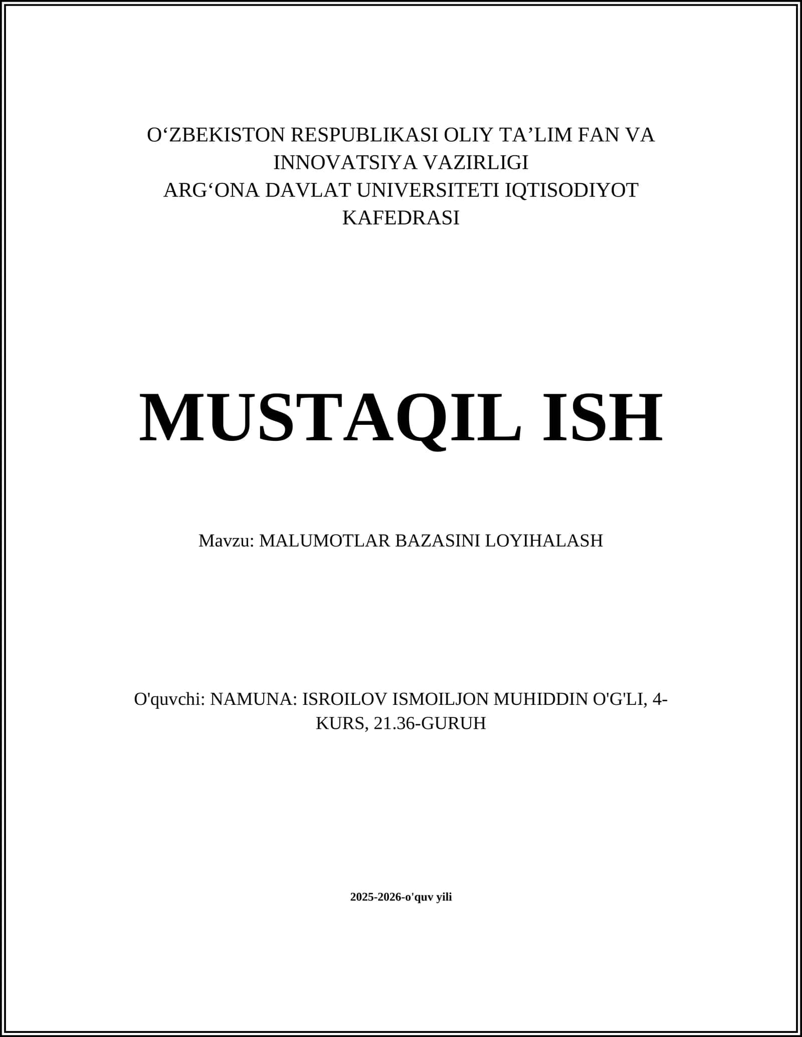MALUMOTLAR BAZASINI LOYIHALASH 1