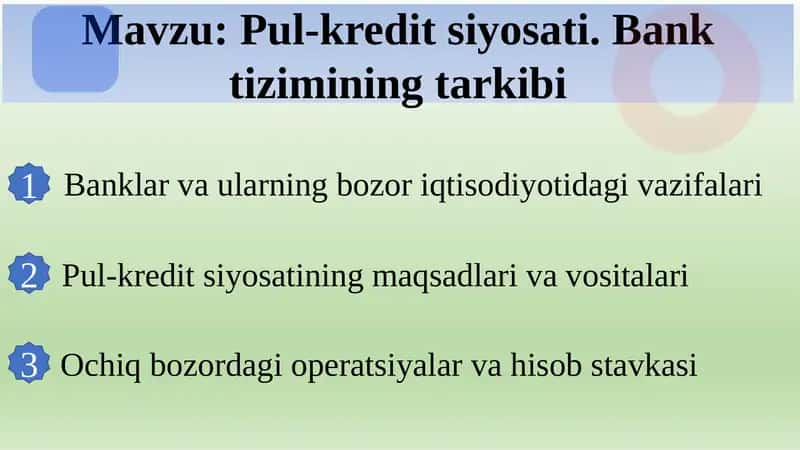 Pul-kredit siyosati. Bank tizimining tarkibi 1