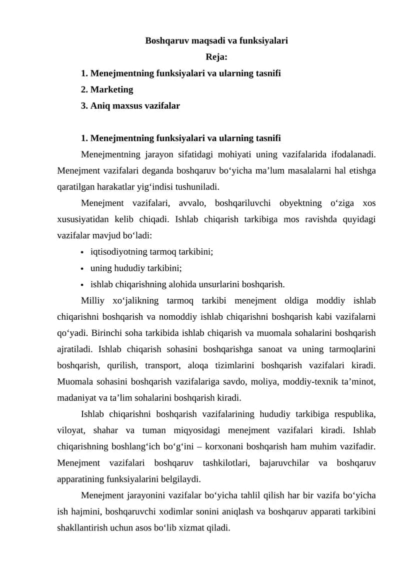 Menejmentning funksiyalari va ularning tasnifi 1