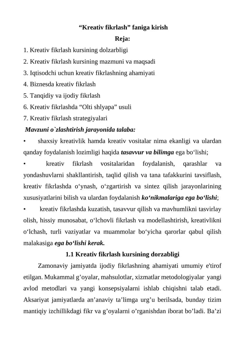 Kreativ fikrlash kursi 1