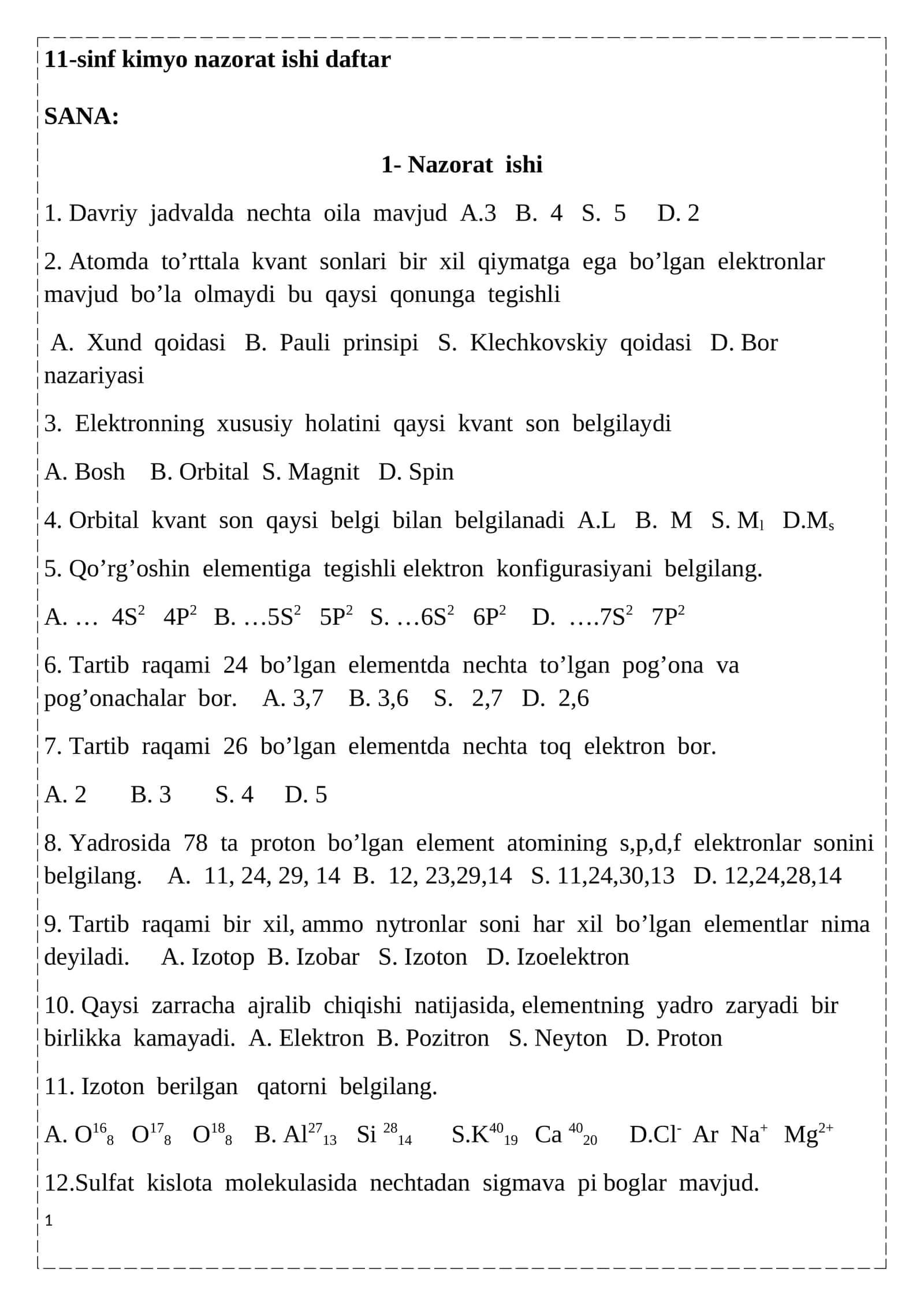 sinf kimyo nazorat ishi daftar 1