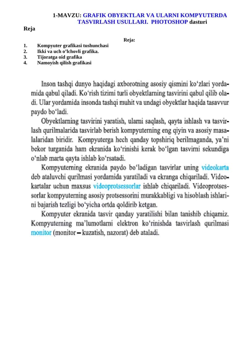 GRAFIK OBYEKTLAR VA ULARNI KOMPYUTERDA TASVIRLASH USULLARI. PHOTOSHOP dasturi 1