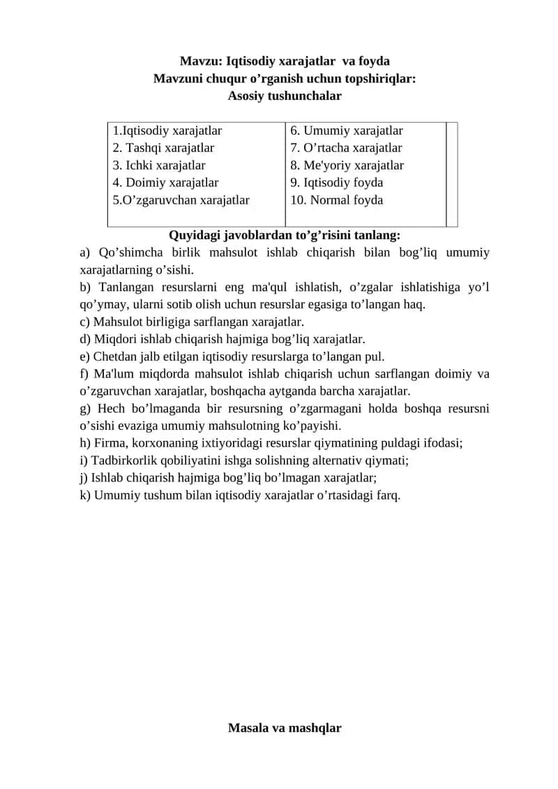 Iqtisodiy xarajatlar va foyda 1