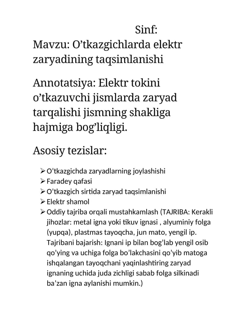 Tezis 8-sinf O’tkazgichlarda elektr zaryadining taqsimlanishi 1