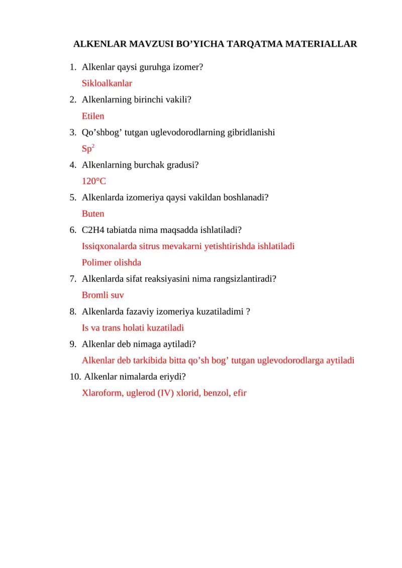 ALKENLAR MAVZUSI BO’YICHA TARQATMA MATERIALLAR 1